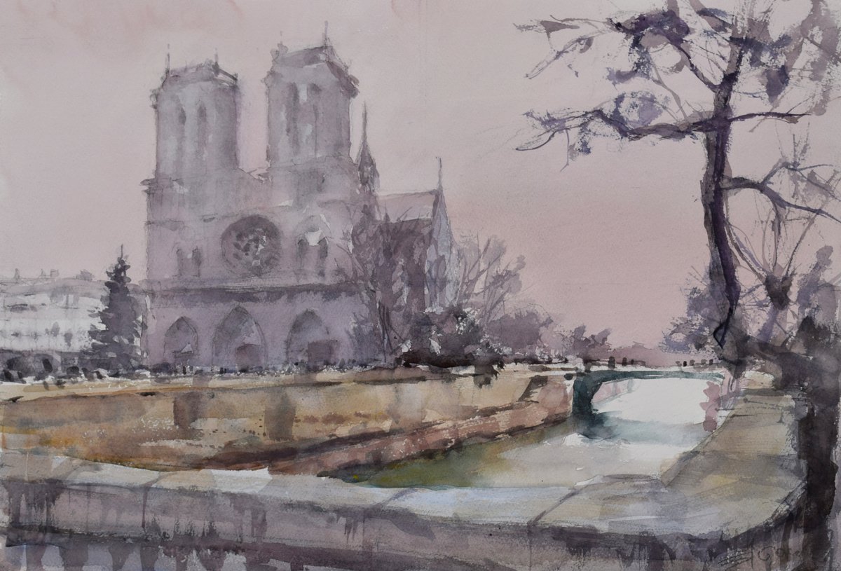 Cityscapes Watercolour By Goran Zigolic Watercolors, 22 X 15, Walking By The Paris 4, Original Artwork
