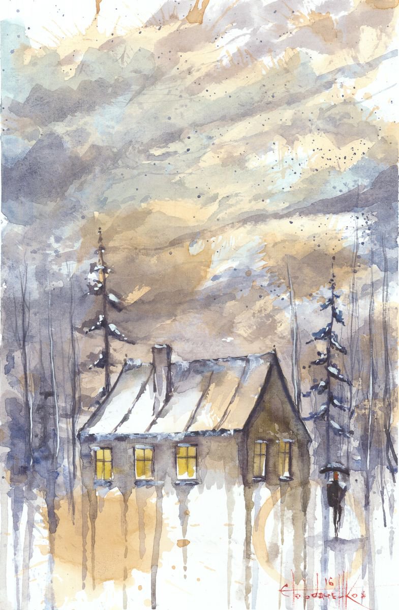 Impressionistic Landscape Watercolour By Eugene Gorbachenko, 9 X 15, House In The Forest, Original Artwork