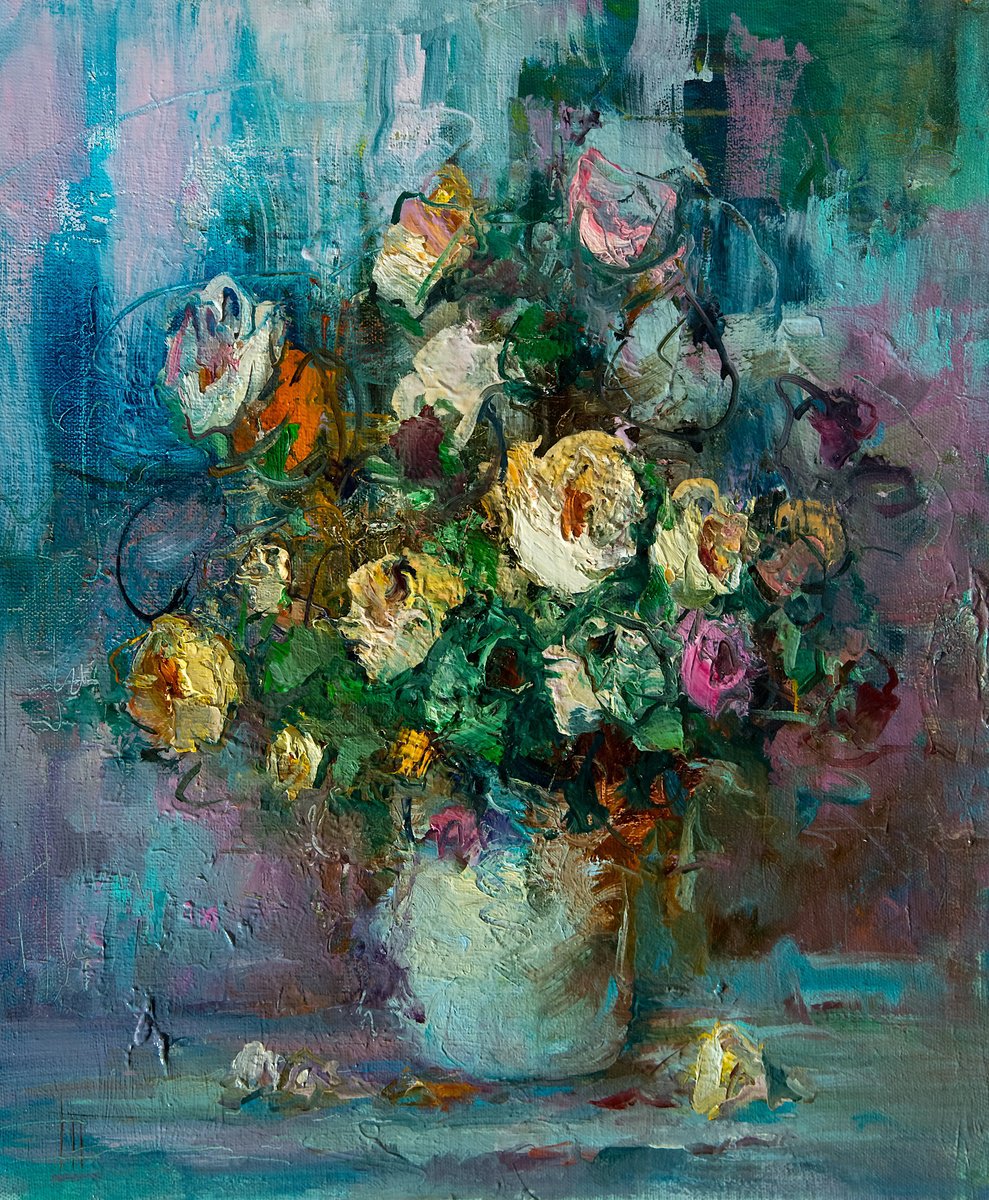 Impressionistic Botanical Oil Painting By Hennadii Penskyi, 17 X 20, Emerald, Original Artwork