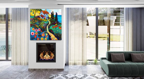 Warm evening with cozy house near the sea. Colorful impressionistic fairytale floral landscape fantasy flowers. Hanging large positive relax naive fine art for home decor, inspiration by Matisse and Klimt
