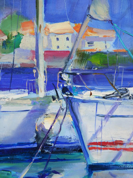 Yachts in Montenegro . Original plein air oil painting .