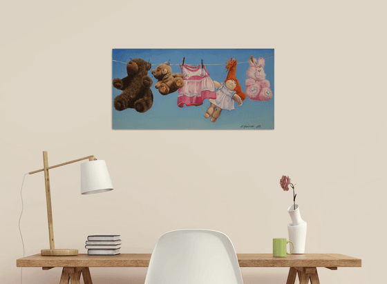 Adorable Nursery Wall Art: Serene Sky with Teddy Bears and Pink Bunny