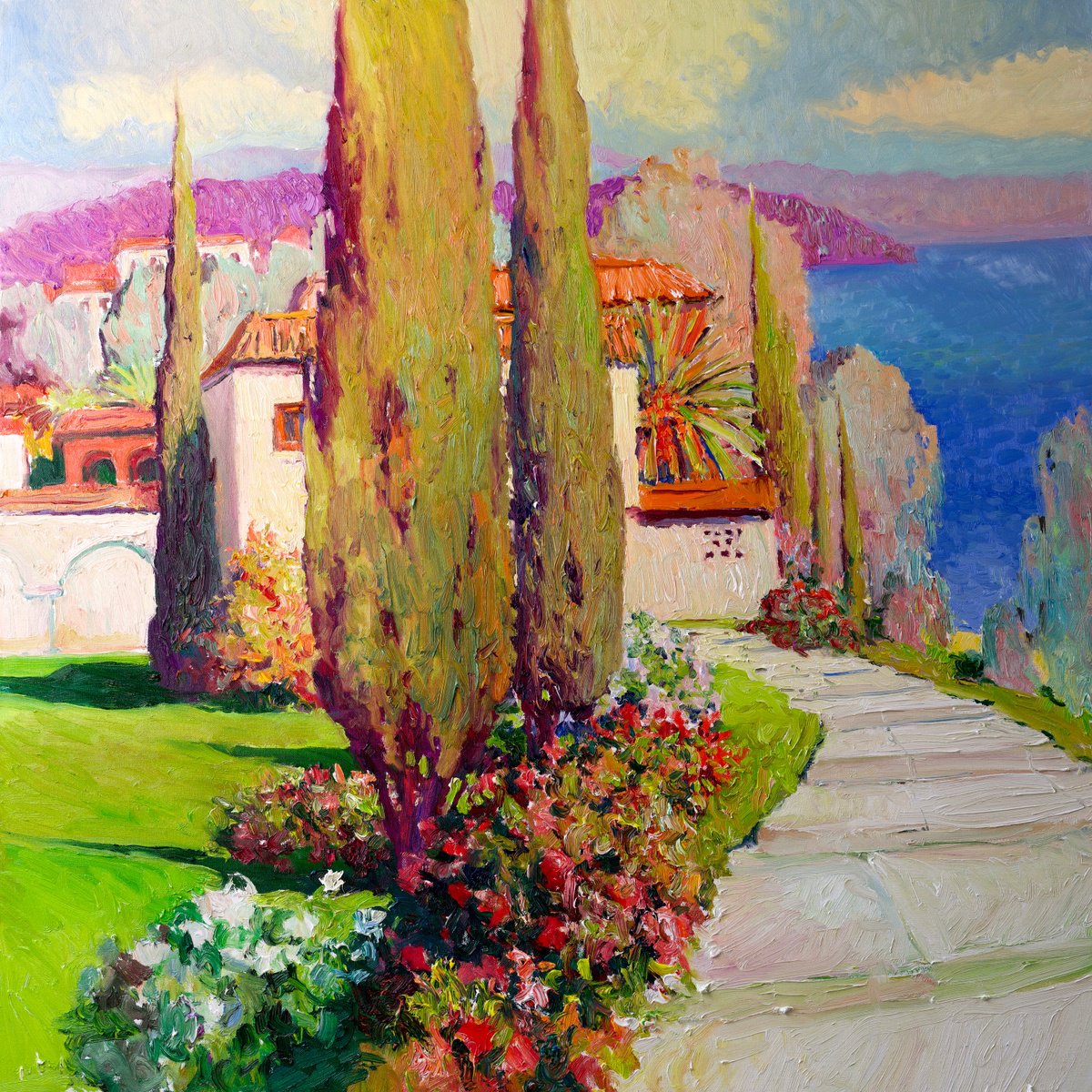 Expressive Landscape Oil Painting By Suren Nersisyan, 36 X 36", Mediterranean Landscape, Original Artwork