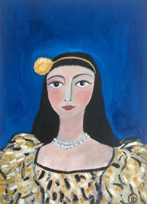 Lady with yellow flower. Portrait painting