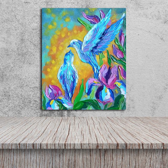 Dance and love - love, birds, bird, love, irises, flowers, oil painting, irises flowers, gift idea