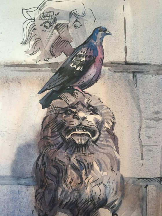 City landscape. Architectural fragment drawing. City pigeons. Lion sculpture art