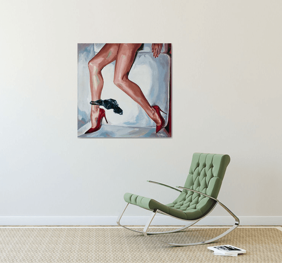 NUDECOMER - original oil painting, naked, nude, legs, woman red heels underwear, wall art, gift