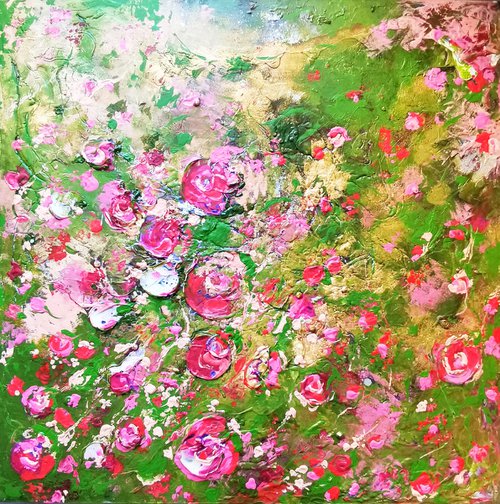 Rose Bush - 90x90 cm Large abstract painting. Pink red burgundy light green wall art by BAST