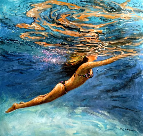Swimming girl 68 -35x35 in by Vishalandra Dakur