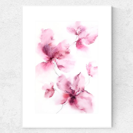 Pink flowers, soft floral painting "Touching"