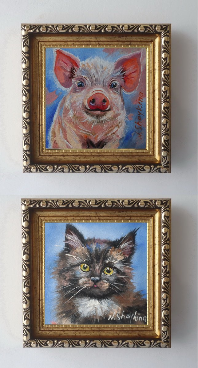 Impressionistic Animal Oil Painting By Natalia Shaykina, 5 X 5", Piglet And Fluffy Cat, Original Artwork