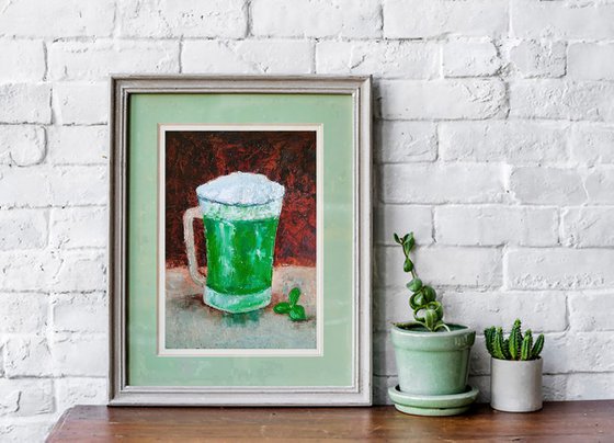 Green Beer Painting Original Art St. Patrick's day Wall Art Clover Artwork