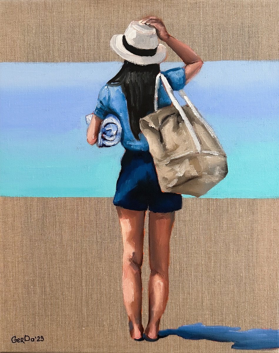 To the Beach - Woman Painting on Linen Canvas by Daria Gerasimova