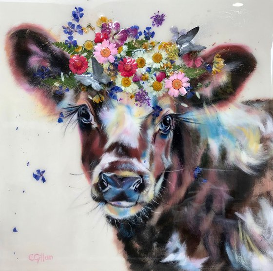 Flutter - Cow Calf Holstein Original Oil on Canvas Board, Resin & 3D Butterflies 14x14"