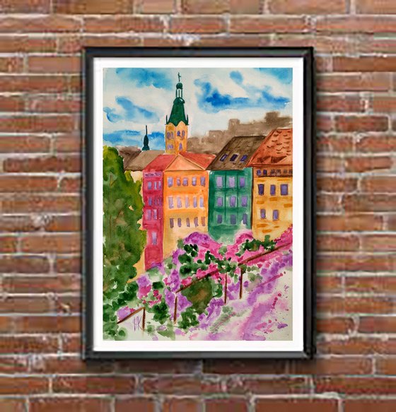 Lviv Painting Cityscape Original Art Roofs Watercolor Artwork Home Wall Art 10 by 14" by Halyna Kirichenko