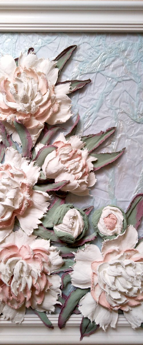 White peonies on glass-3d sculptural relief still life with a bouquet of flowers 35x45x6 cm by Irina Stepanova