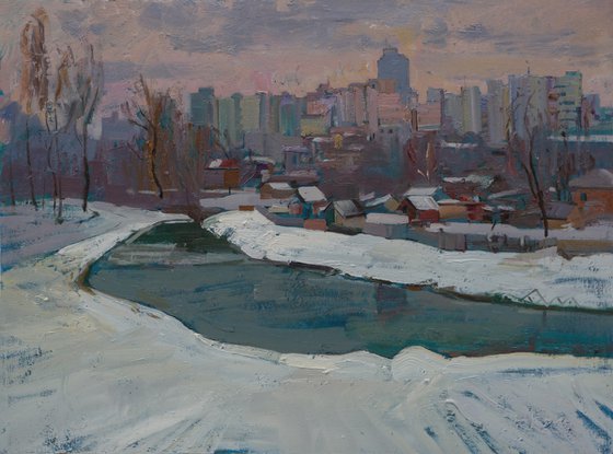 Winter panorama of Chernihiv with Stryzhen River