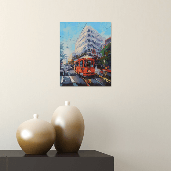 Red tram (24x30cm, oil painting, ready to hang)