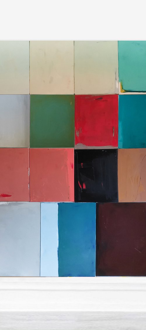 Oil painting, poliptych-19 parts, canvas art, stretched, "Play with me XXIII". Size 78.7/ 86.6 inches (200/220cm) by Kariko ono