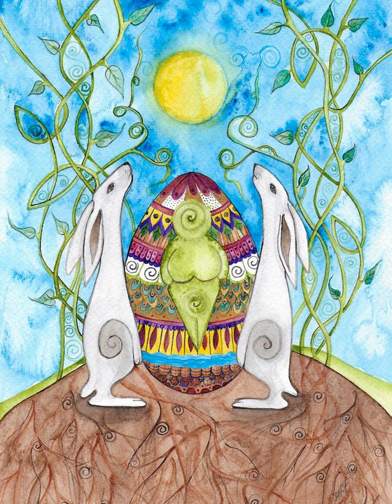 Ostara White Hares Original Watercolour Painting