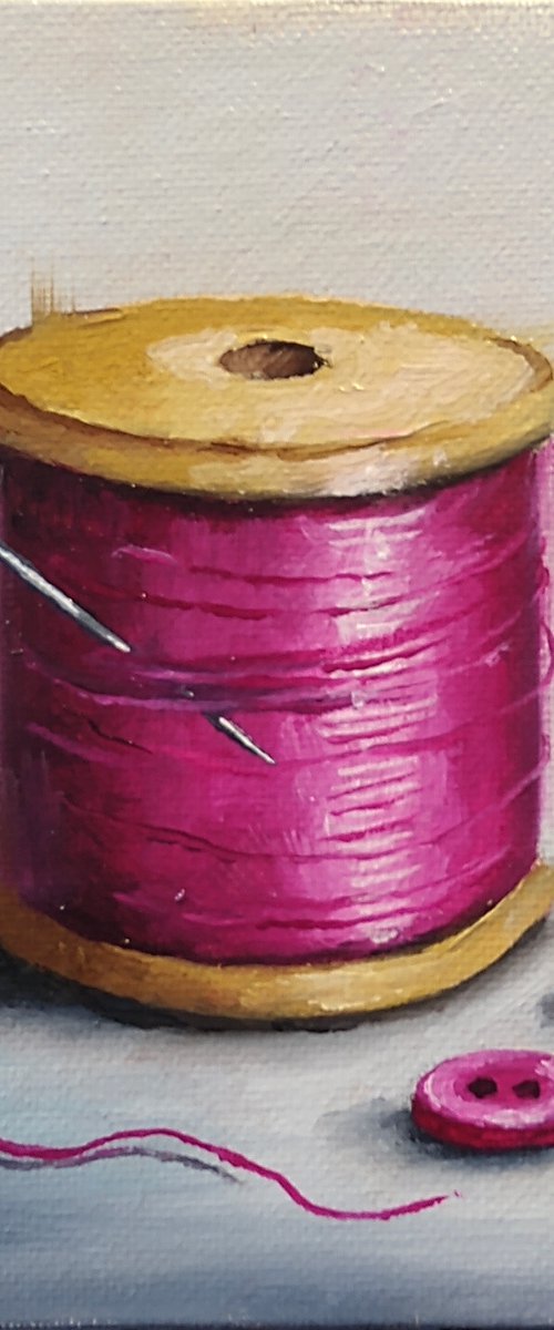 Pink Cotton and buttons still life by Jane Palmer Art