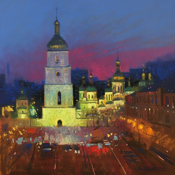 Night city Kyiv Ukraine Soft pastel 19.6x19.6 inch (50x50 cm)