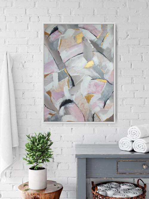 Large Geometric Painting in Nudes and Gold Light Painting Abstract Artwork for Contemporary Design by JuliaP Art
