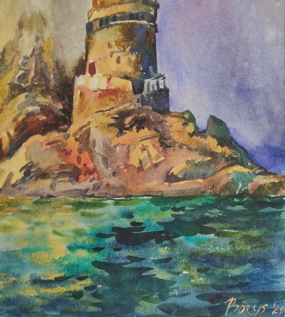 Lighthouse and cliffs - watercolor, original artwork