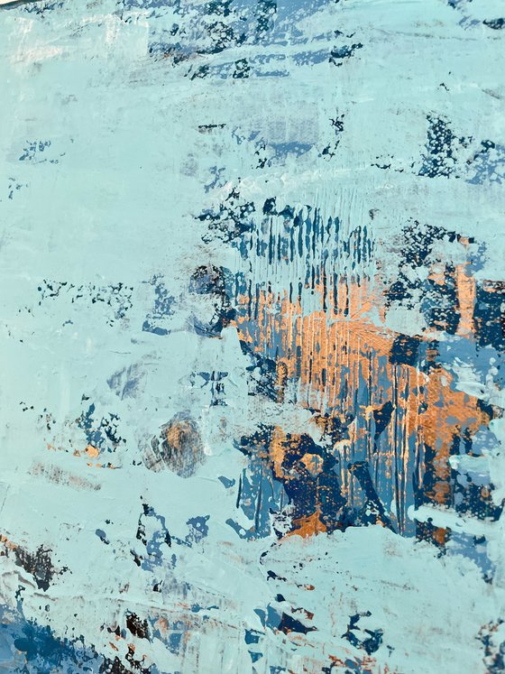 BLUE TEMPTATION - 60 x 80 CM - TEXTURED ABSTRACT PAINTING ON CANVAS * BRIGHT BLUE * PETROL * GOLD * COPPER