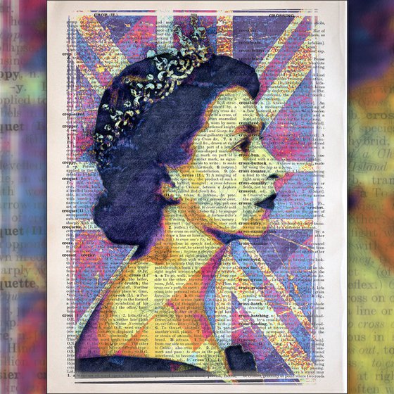 Queen Elizabeth II - The Union Jack 2 - Collage Art on Large Real English Dictionary Vintage Book Page