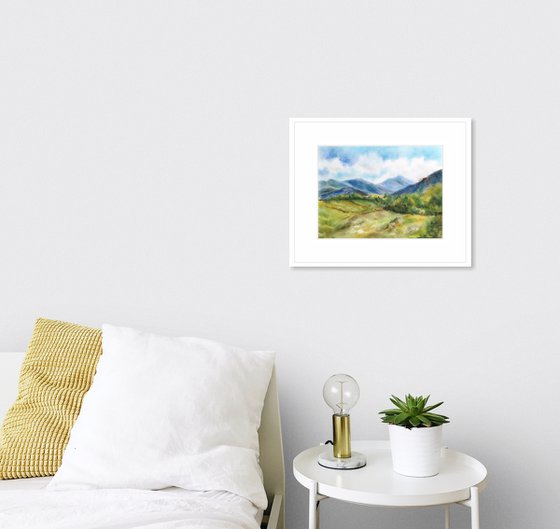 Mountain landscape. Summer landscape scenery. Watercolor landscape