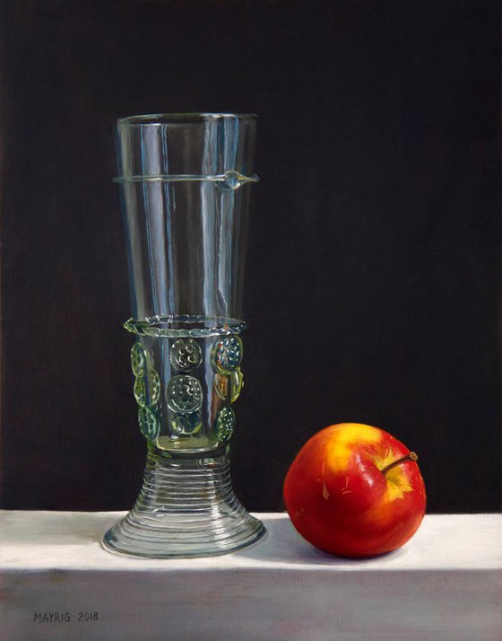 Still life with glass roemer and apple (Original Oil Painting, 100% Handmade)