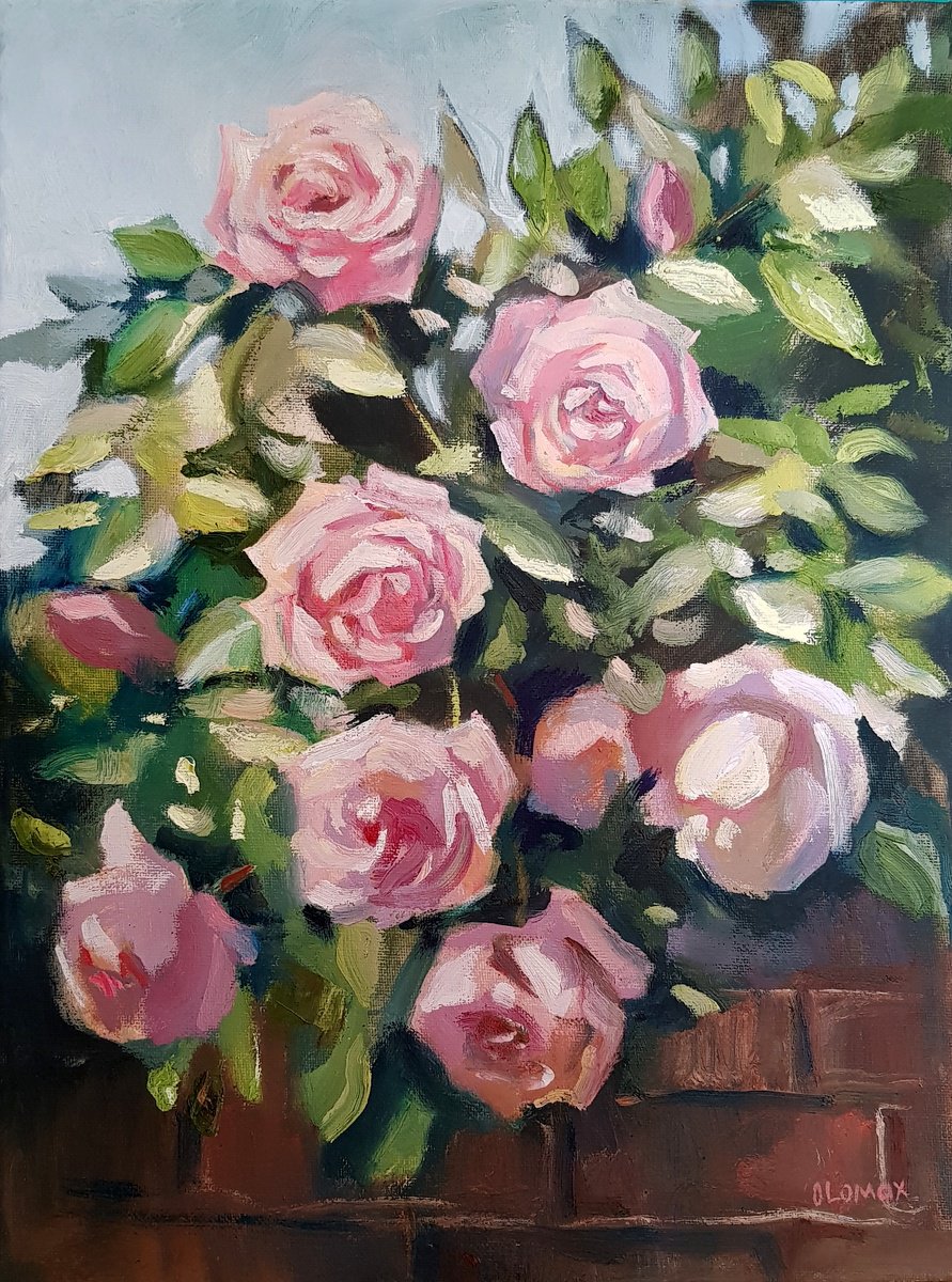 Impressionistic Botanical Oil Painting By Olga Lomax, 12 X 16", Roses, Original Artwork
