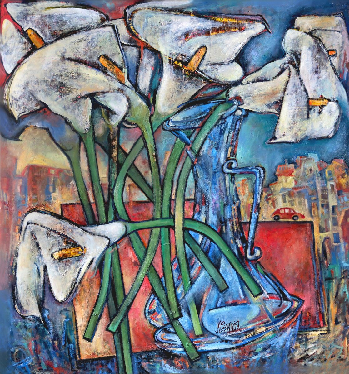 Night city, vase and calla flowers. by Nicola Ost * N.Swiristuhin