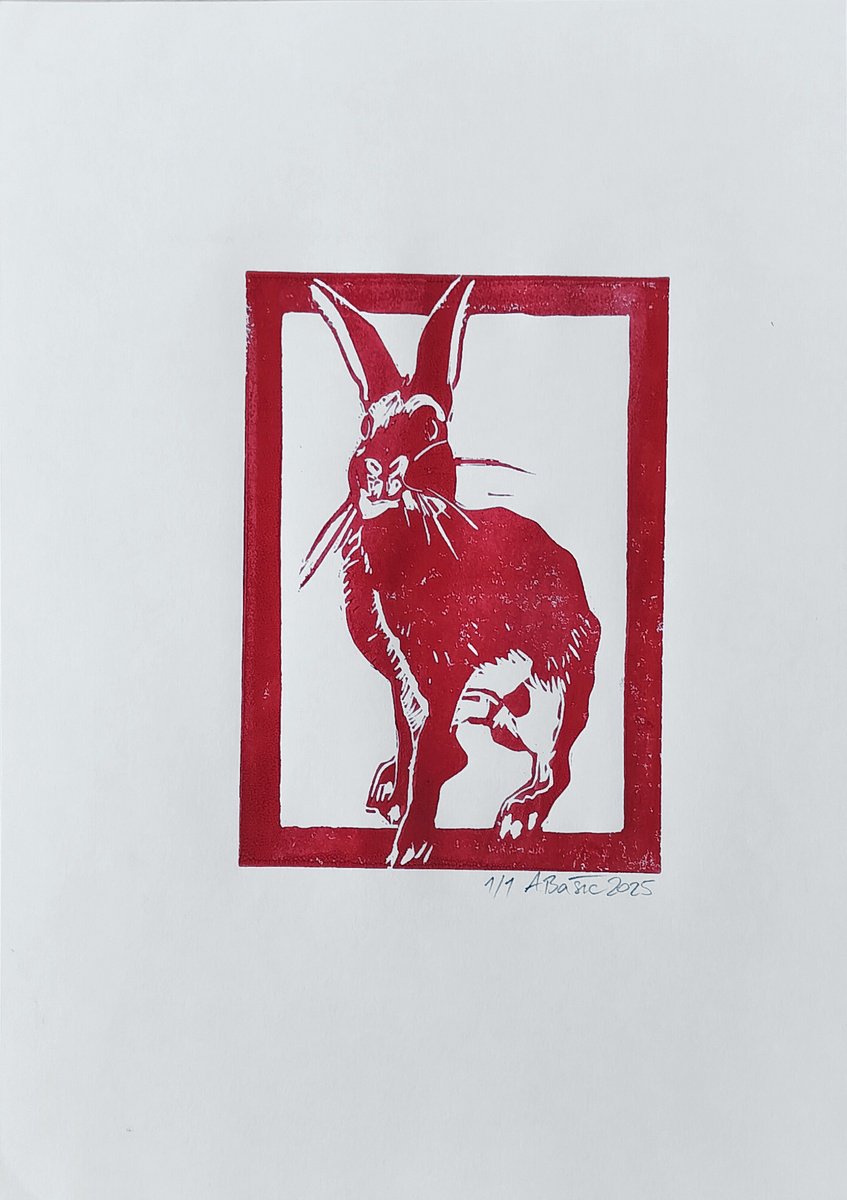 Expressive Animal Linocut By Aleksandar Basic, 12 X 17, Red Rabbit 1/1, Original Artwork