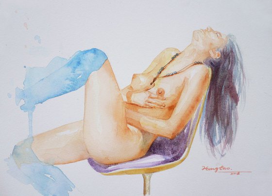 original art watercolour painting  naked  girl  on paper #16-4-27-01