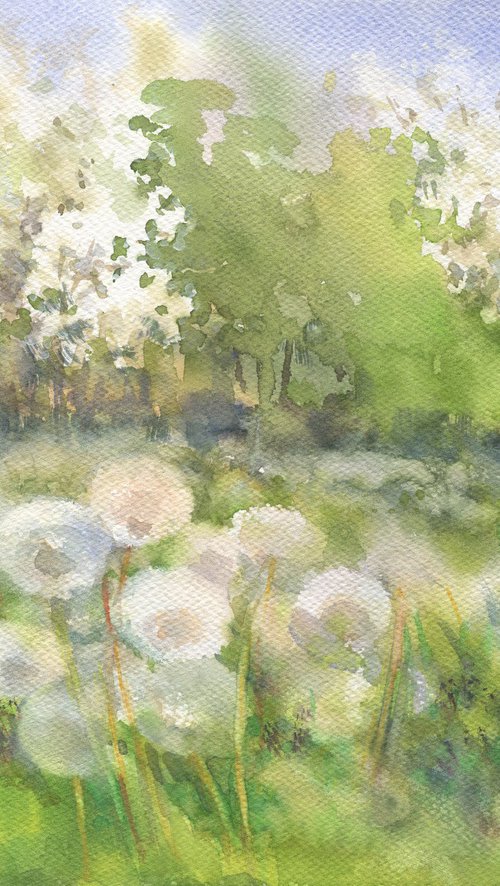 Dandelion field. The little clouds / ORIGINAL watercolor 12,2x9,1in (31x23cm) by Olha Malko