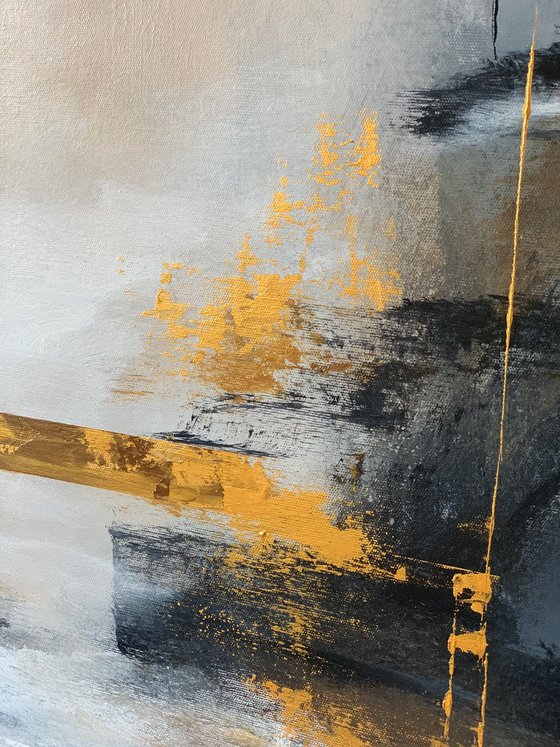 Abstraction in gray, gold and blue tones.