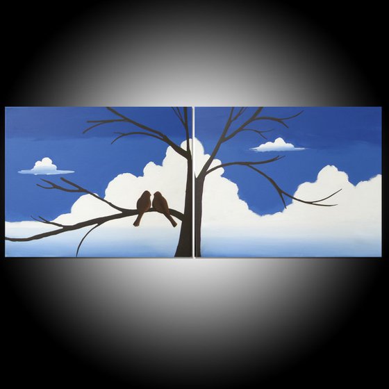 love bird abstract landscape original "Together Forever " painting art canvas - 40 x 16 inches romance  heart