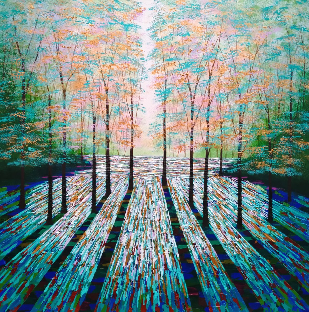 Impressionistic Landscape Acrylic Painting By Amanda Horvath, 31 X 31, Secret Forest Shadow And Light, Original Artwork