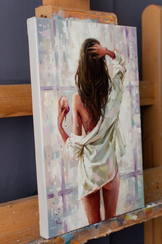 RED WINE by Yaroslav Sobol  (Modern Impressionistic Romantic Beautiful Girl Oil painting Gift)