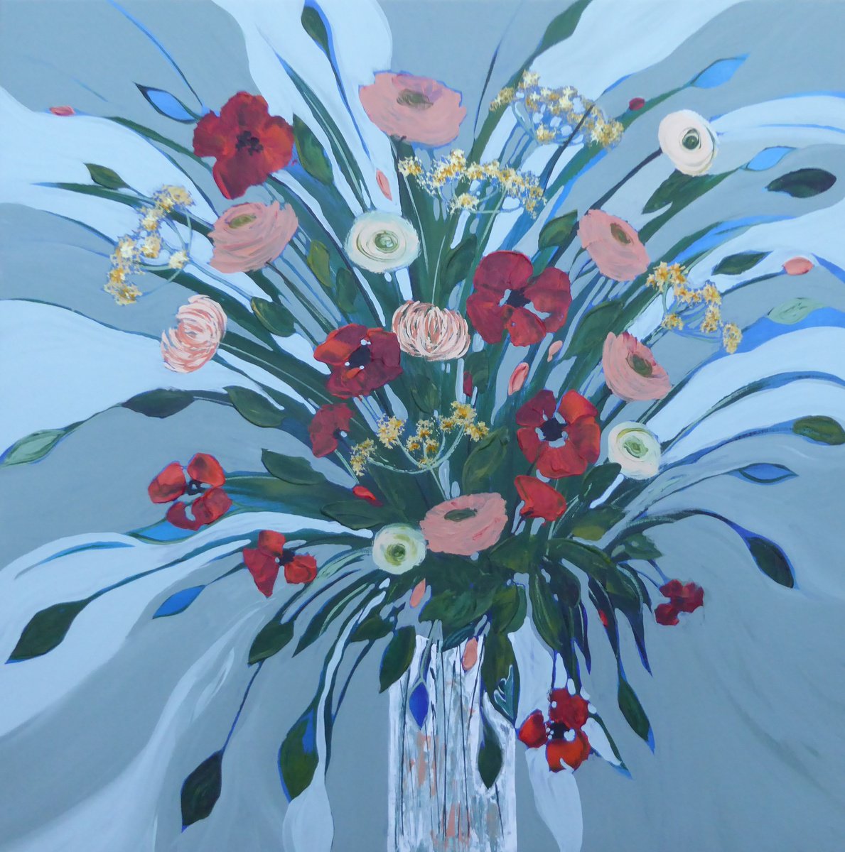 Expressive Botanical Acrylic Painting By Elaine Allender, 22 X 22, Blooming Marvellous, Original Artwork