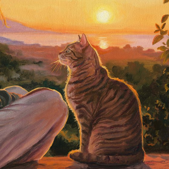 Girl watching the sunset with her tabby cat