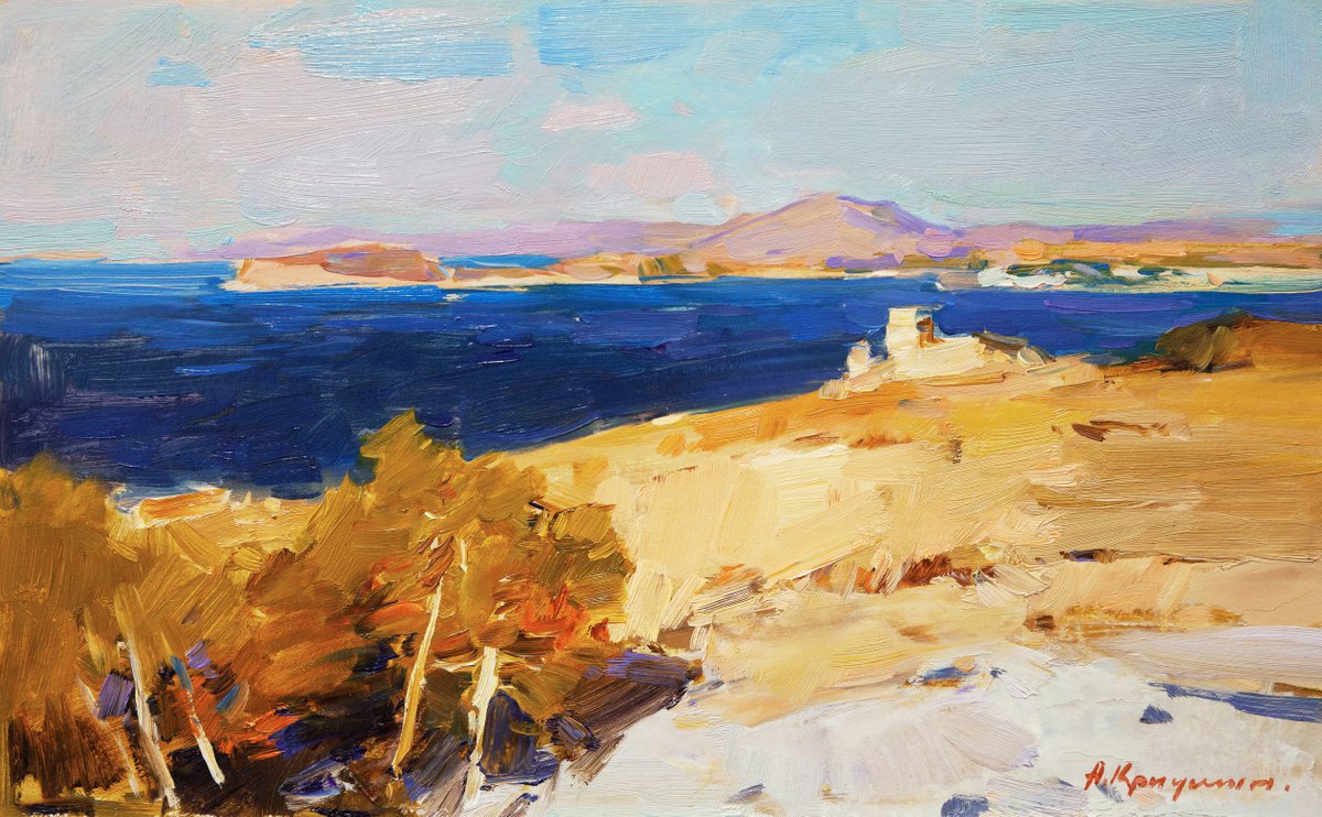 Impressionistic Landscape Oil Painting By Aleksandr Kryushyn, 19 X 12, Aegean Sea, Original Artwork