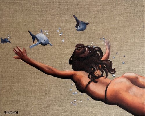 Swimming with Fishes - Woman Underwater Snorkeling Painting by Daria Gerasimova