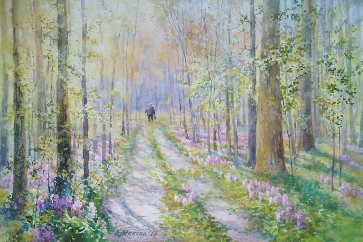 Forest at spring time / Watercolor landscape Lilac flowers by Olha Malko