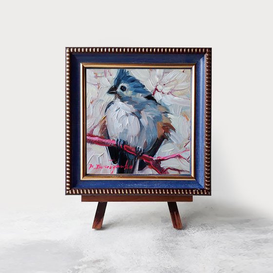 Tufted titmouse white winter painting original framed, Little Bird on branch oil painting mini, Christmas gift