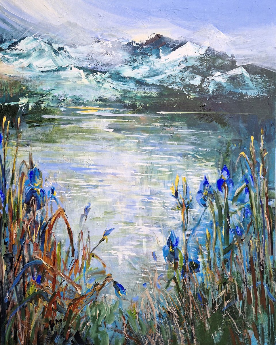 Impressionistic Landscape Acrylic Painting By Irina Laube, 31 X 39, Blue Irises At The Lake, Original Artwork