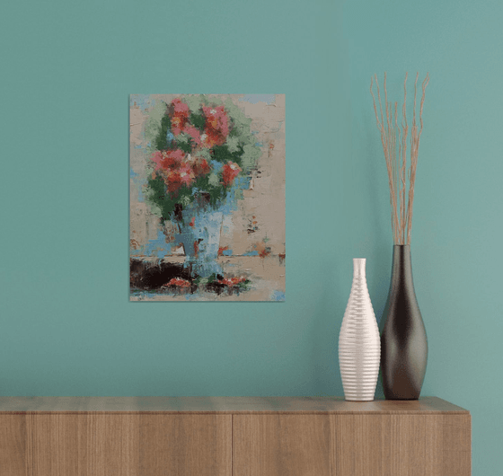 Modern still life painting. Abstract flowers in vase