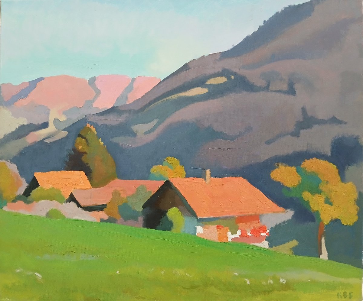 Impressionistic Landscape Oil Painting By Vasyl Koval, 24 X 20", Evening In Switzerland, Original Artwork